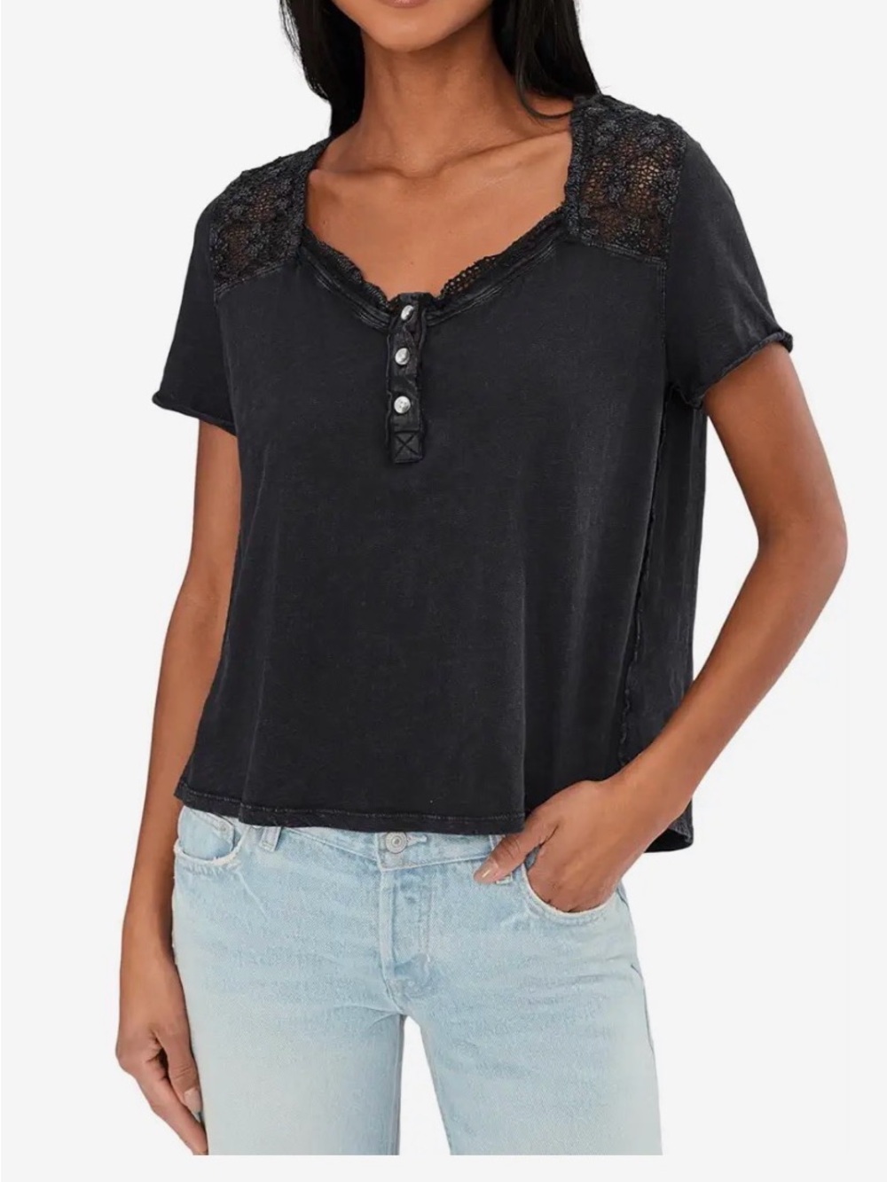 Free People ‘We the Free Heirloom Henley’ Black Lace-Trim Button Henley